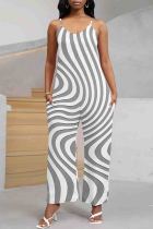 White Grey Casual Graphics Print Sleeveless U Neck Pocket Loose Wide Leg Cami Jumpsuits