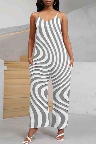 White Grey Casual Graphics Print Sleeveless U Neck Pocket Loose Wide Leg Cami Jumpsuits