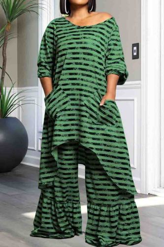 Green Street Stripe Print O Neck 3/4 Sleeve Irregular Hem Long Blouse and Pleated Wide Leg Pants Vacation Plus Size Two Pieces Trouser Sets