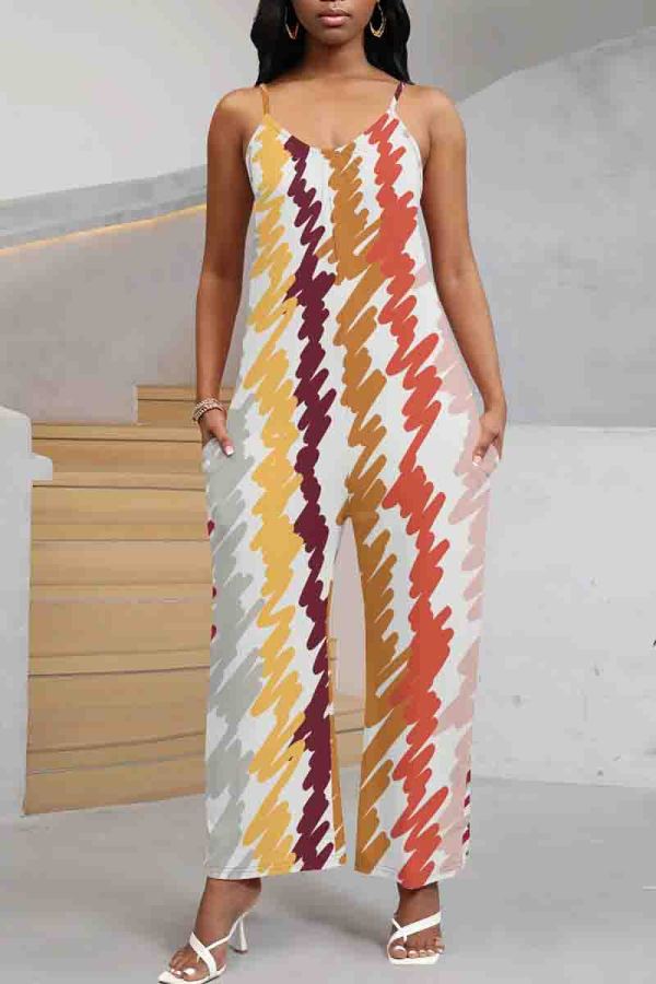 Multicolor Casual Graphics Print Sleeveless U Neck Pocket Loose Wide Leg Cami Jumpsuits