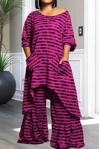 Rose Red Street Stripe Print O Neck 3/4 Sleeve Irregular Hem Long Blouse and Pleated Wide Leg Pants Vacation Plus Size Two Pieces Trouser Sets