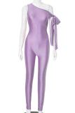 Purple Street Solid Color Patchwork Backless Strap Design Oblique Collar Skinny Jumpsuits