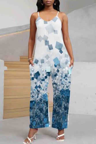 White Blue Casual Graphics Print Sleeveless U Neck Pocket Loose Wide Leg Cami Jumpsuits