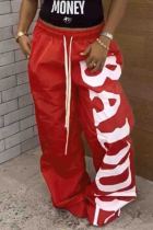 Red Casual Letters Pocket Lace Up Patchwork Loose Mid Waist Wide Leg Patchwork Bottoms