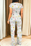 Green Yellow Casual Graphics Print O Neck Short Sleeve Pocket Trousers And Crop Top Vacation Two Pieces Pant Set