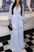 Baby Blue Formal Deep V Neck Puff Sleeves Front Slit Long Ruffle Tiered Hem Evening Party Vacation Maxi Dresses