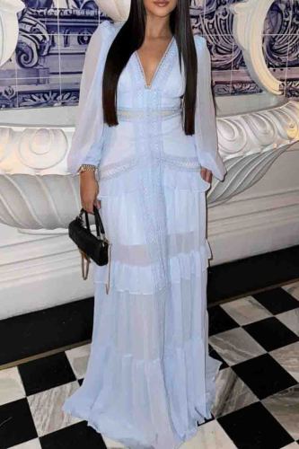 Baby Blue Formal Deep V Neck Puff Sleeves Front Slit Long Ruffle Tiered Hem Evening Party Vacation Maxi Dresses