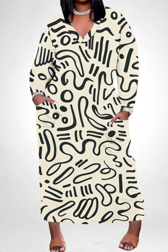 Light Khaki Casual African Graphics Print V Neck Long Sleeve Pokcets Vacation Loose Maxi Dress