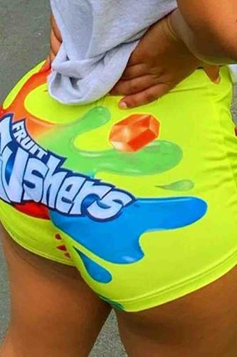 Fluorescent Yellow Sexy Print Patchwork Skinny Mid Waist Conventional Positioning Print Bottoms