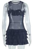 Black Formal Sleeveless O Neck Ruffle Trim Wrapped Skirt Evening Party Ruched Bodycon Mini Tank Dresses