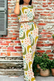 Green Yellow Casual Graphics Print O Neck Short Sleeve Pocket Trousers And Crop Top Vacation Two Pieces Pant Set