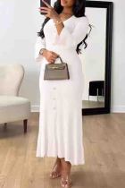 White Formal Flare Sleeve V Neck Ruffle Hem Buckle Formal Evening Party Long Bodycon Maxi Sweater Dresses