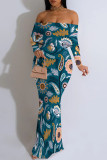 Malachite Green Floral Print Off Shoulder Long Flutter Sleeve Mermaid Hem Vacation Boho Style Maxi Dresse
