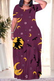 Black Green Halloween Outfit Graffiti Letter Print O Neck Short Sleeve Plus Size Straignt Loose T Shirt Maxi Dresses