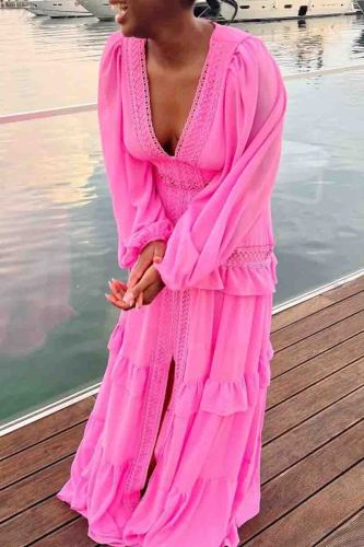 Rose Red Formal Deep V Neck Puff Sleeves Front Slit Long Ruffle Tiered Hem Evening Party Vacation Maxi Dresses