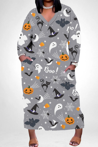 Light Gray Casual African Graphics Print V Neck Long Sleeve Pokcets Vacation Loose Maxi Dress
