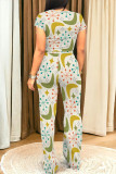 Green Yellow Casual Graphics Print O Neck Short Sleeve Pocket Trousers And Crop Top Vacation Two Pieces Pant Set