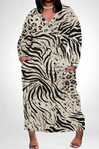 Leopard Print Casual African Graphics Print V Neck Long Sleeve Pokcets Vacation Loose Maxi Dress