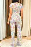 Green Yellow Casual Graphics Print O Neck Short Sleeve Pocket Trousers And Crop Top Vacation Two Pieces Pant Set