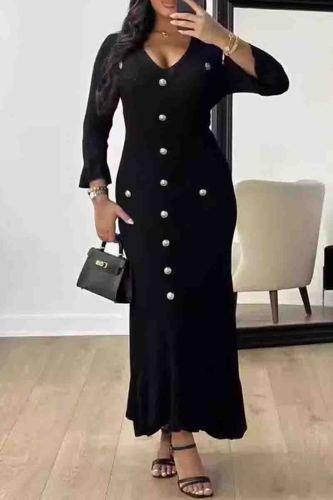 Black Formal Flare Sleeve V Neck Ruffle Hem Buckle Formal Evening Party Long Bodycon Maxi Sweater Dresses