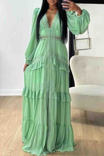 Light Green Formal Deep V Neck Puff Sleeves Front Slit Long Ruffle Tiered Hem Evening Party Vacation Maxi Dresses