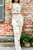 Green Yellow Casual Graphics Print O Neck Short Sleeve Pocket Trousers And Crop Top Vacation Two Pieces Pant Set