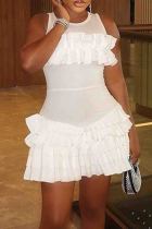 White Formal Sleeveless O Neck Ruffle Trim Wrapped Skirt Evening Party Ruched Bodycon Mini Tank Dresses