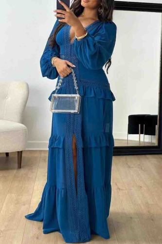 Dark Blue Formal Deep V Neck Puff Sleeves Front Slit Long Ruffle Tiered Hem Evening Party Vacation Maxi Dresses
