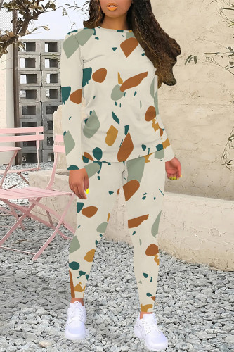 Apricot Sportwear Casual Geometric Print O Neck Long Sleeve Sweatshirt And Skinny Pants Two Pieces Trouser Sets