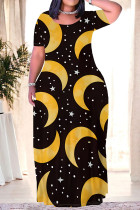 Black Yellow Halloween Outfit Graffiti Letter Print O Neck Short Sleeve Plus Size Straignt Loose T Shirt Maxi Dresses