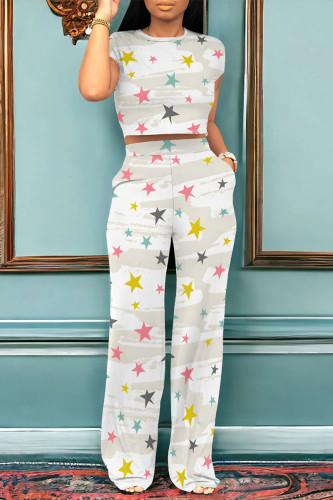 White Grey Casual Graphics Print O Neck Short Sleeve Pocket Trousers And Crop Top Vacation Two Pieces Pant Set