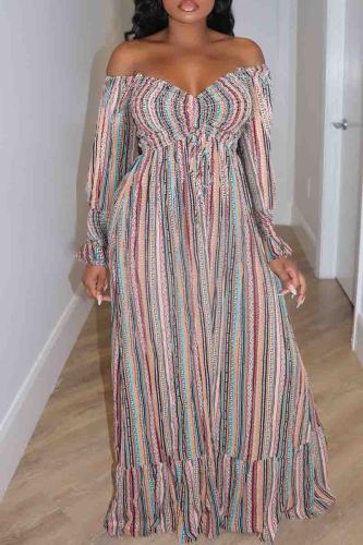 Colour Stripe Print Backless Long Sleeve Off Shoulder Ruffle Hem Vacation Long A Line Bodycon Maxi Dresse