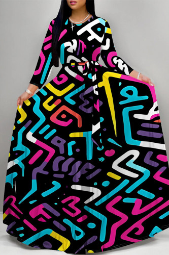 Multicolor Boho Geometric Print Deep V Neck 3/4 Sleeve Belted Floor Length Plus Size Vacation Loose A Line Maxi Dress