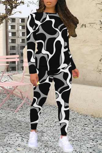 Black And White Sportwear Casual Geometric Print O Neck Long Sleeve Sweatshirt And Skinny Pants Two Pieces Trouser Sets