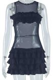 Black Formal Sleeveless O Neck Ruffle Trim Wrapped Skirt Evening Party Ruched Bodycon Mini Tank Dresses