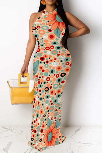 Blue Pink Graphics Print O Neck Sleeveless One Step Skirt Party Evening Party Bodycon Maxi Dresses