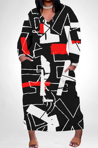 Black Casual African Graphics Print V Neck Long Sleeve Pokcets Vacation Loose Maxi Dress