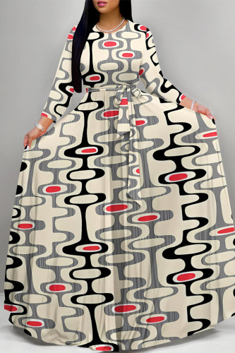 Light Khaki Boho Geometric Print Deep V Neck 3/4 Sleeve Belted Floor Length Plus Size Vacation Loose A Line Maxi Dress
