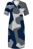 Black Casual Camouflage Print V Neck Short Sleeve Pockets Long Baggy Straight Plus Size Maxi T-shirt Dress