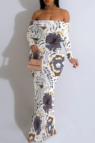 White Blue Floral Print Off Shoulder Long Flutter Sleeve Mermaid Hem Vacation Boho Style Maxi Dresse