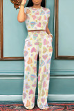 Green Yellow Casual Graphics Print O Neck Short Sleeve Pocket Trousers And Crop Top Vacation Two Pieces Pant Set