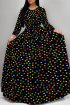 Colour Boho Geometric Print Deep V Neck 3/4 Sleeve Belted Floor Length Plus Size Vacation Loose A Line Maxi Dress