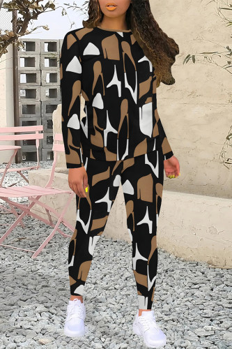 Black Brown Sportwear Casual Geometric Print O Neck Long Sleeve Sweatshirt And Skinny Pants Two Pieces Trouser Sets
