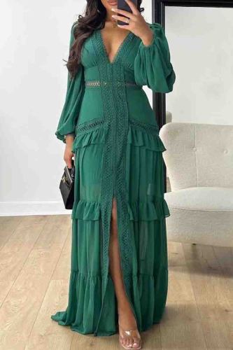 Dark Green Formal Deep V Neck Puff Sleeves Front Slit Long Ruffle Tiered Hem Evening Party Vacation Maxi Dresses
