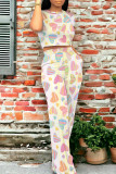 Green Yellow Casual Graphics Print O Neck Short Sleeve Pocket Trousers And Crop Top Vacation Two Pieces Pant Set