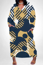 Blue White Casual African Graphics Print V Neck Long Sleeve Pokcets Vacation Loose Maxi Dress