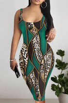 Green Casual Graphics Barbie Print U Neck Sleeveless Vacation Bodycon Midi Tank Dress