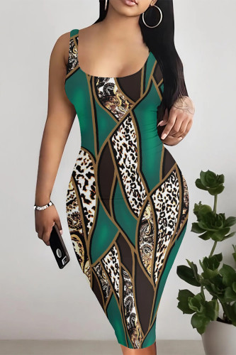 Green Casual Graphics Barbie Print U Neck Sleeveless Vacation Bodycon Midi Tank Dress