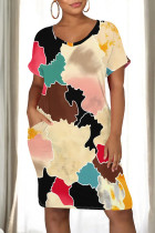Beige Casual Graphics Print O Neck Short Sleeve Loose Straight Midi T-Shirt Dress