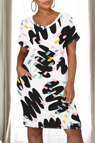White Casual Graphics Print O Neck Short Sleeve Loose Straight Midi T-Shirt Dress
